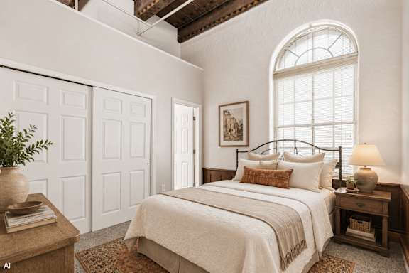 A bedroom with a large bed, a nightstand, and a window.