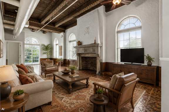 A living room with a fireplace and a couch.