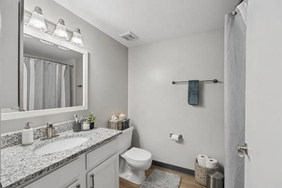 A bathroom with a toilet, sink, and mirror.