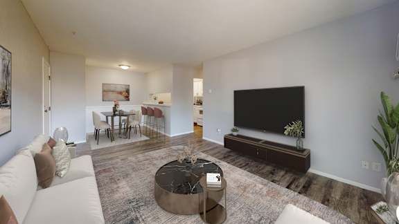 A living room with a white couch and a black television.
