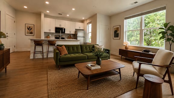 A living room with a green couch and a coffee table.