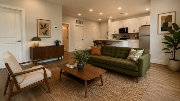 A living room with a green couch, a wooden chair, and a coffee table.