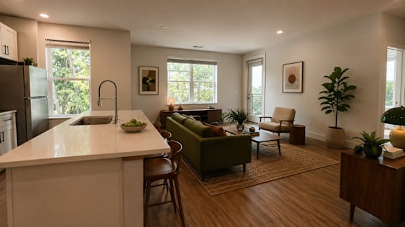 A kitchen with a white counter top and a green couch.