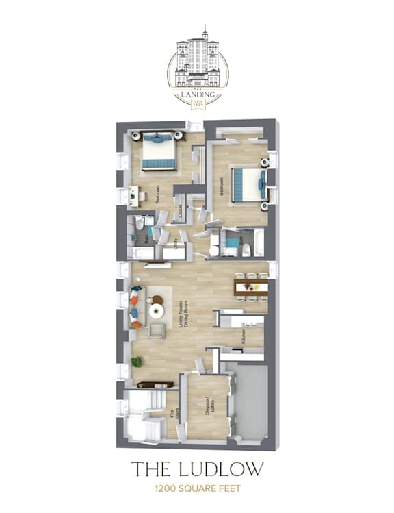 A floor plan of a 1200 square foot Ludlow apartment.