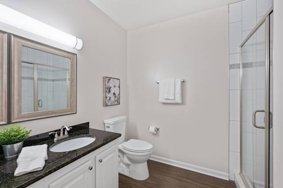 A bathroom with a white toilet and a black counter top. at Roebling Row, Kentucky