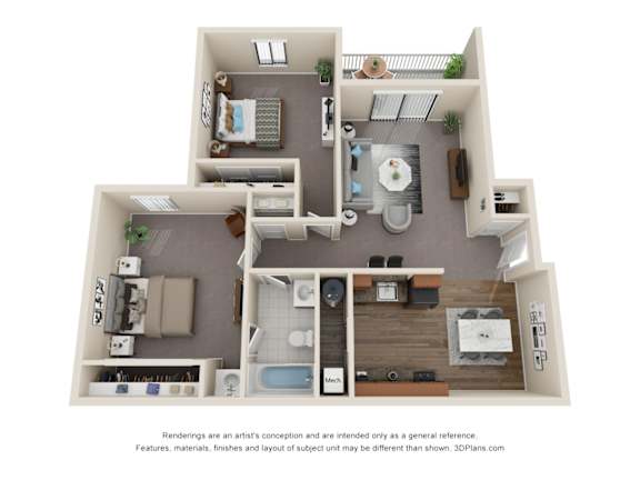 Floor Plan  A 3D floor plan of a house with a kitchen, living room, and bathroom.