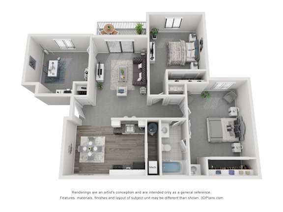 Floor Plan  A 3D floor plan of a house with multiple rooms and furniture.