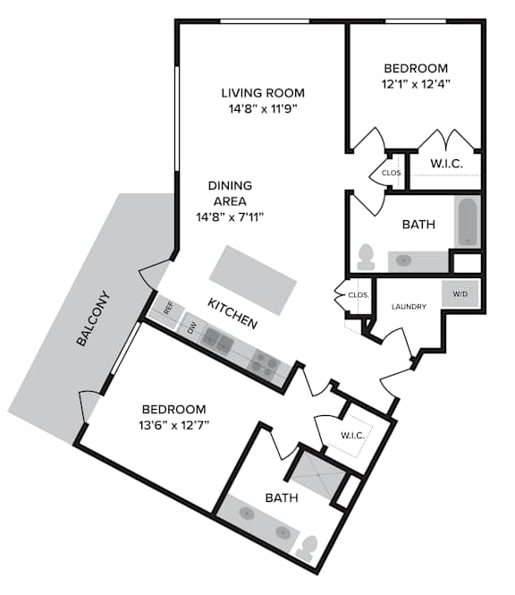 Floor Plan  A floor plan of a home with a living room, two bedrooms, a dining area, a kitchen, a bath, a washer and dryer, and a balcony.