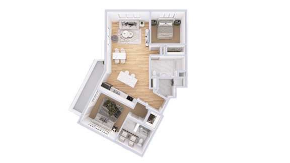 A white dollhouse with a kitchen, living room, and bedroom.