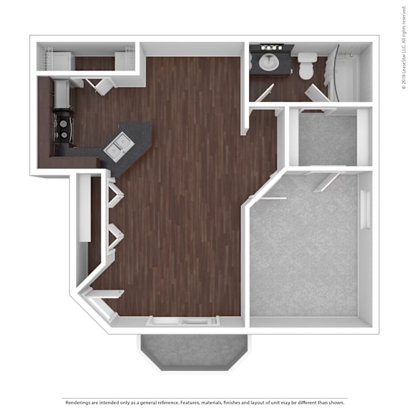 A floor plan of a small apartment with a kitchen, living room, and bathroom.