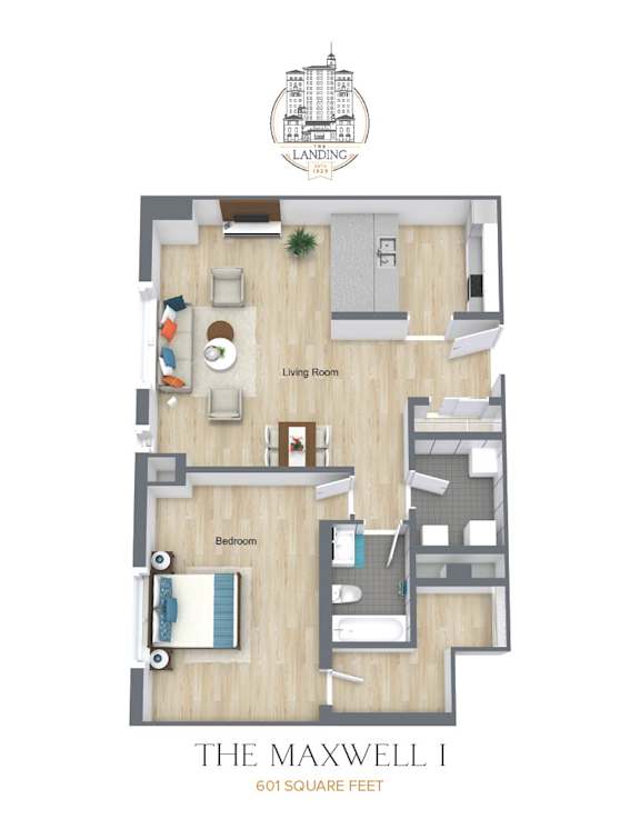 A floor plan of a one bedroom apartment at The Maxwell.