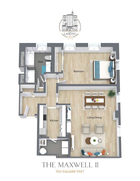 Floor Plan  A floor plan of a 750 square feet apartment named The Maxwell II.