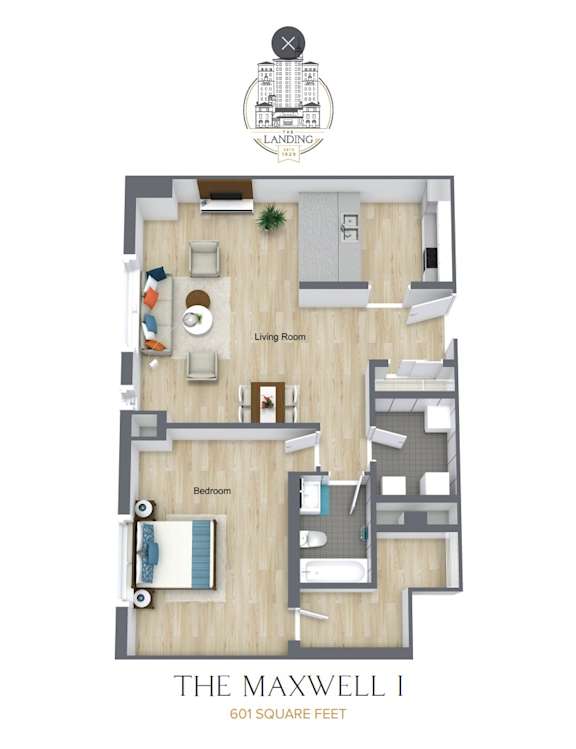 A floor plan of a one bedroom apartment in the Maxwell I building.