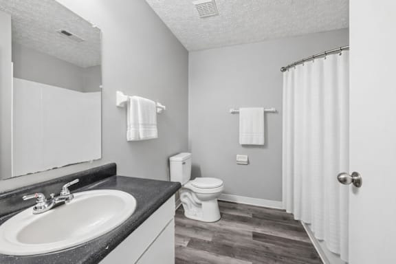 shower with curtain in bathroom at Timbercreek Apts, Columbus Ohio