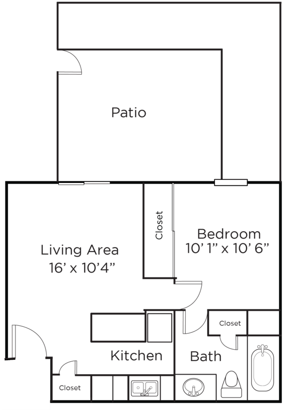 A floor plan of a small apartment with a living area, kitchen, bathroom, and bedroom.