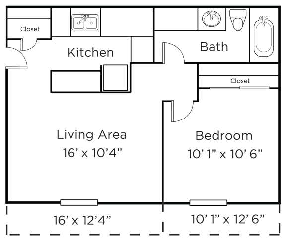 A floor plan of a room with a kitchen, living area, bedroom and bathroom.