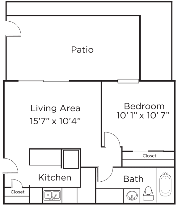 A floor plan of a small apartment with a kitchen, living area, bedroom, and bathroom.