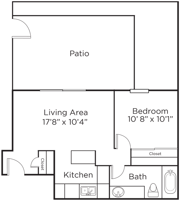 A floor plan of a house with a patio, living area, kitchen, bathroom, and bedroom.