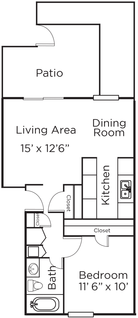 A floor plan of a small apartment with a living area, dining room, kitchen, bedroom, bathroom, and patio.