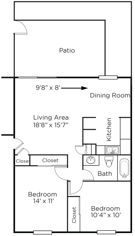 A floor plan of a house with a living area, two bedrooms, a bath, a kitchen, a dining room, and a patio.