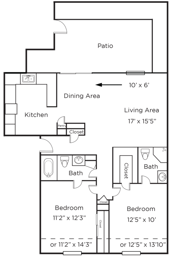 A floor plan of a house with a kitchen, two bathrooms, two bedrooms, a dining area, and a patio.