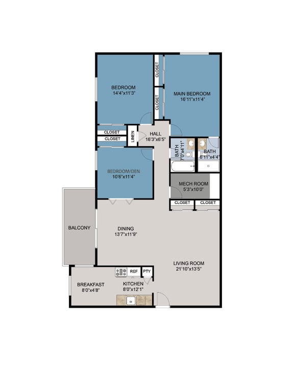 3 Bedroom  2.5 Bath Floor Plan   at Finneytown Apartments and Townhomes, Cincinnati, Ohio