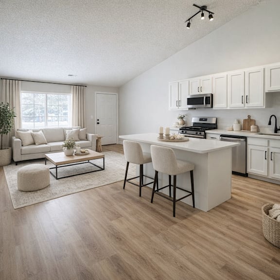 A modern kitchen with a white island and bar stools.