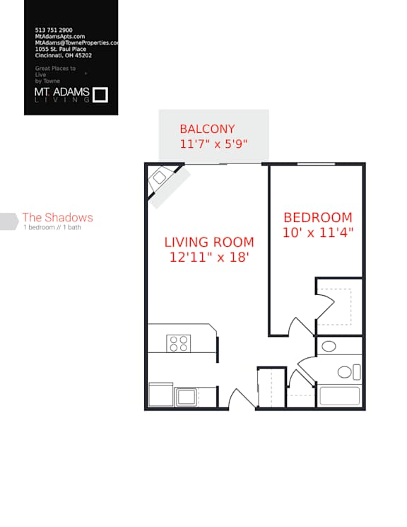 A floor plan for a one bedroom apartment in The Shadows.