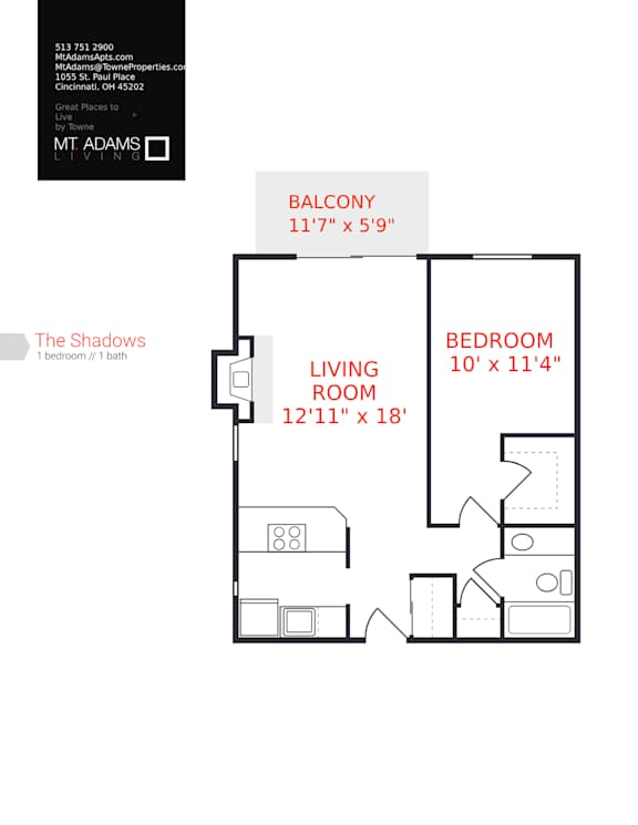 A floor plan for a living room and bedroom with a balcony.