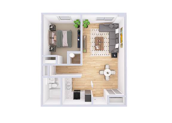 Floor Plan  A top-down view of a small apartment with a kitchen, living room, and bathroom.