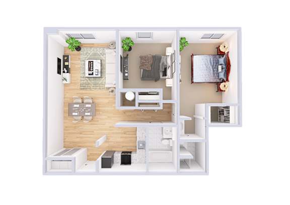 Floor Plan  A top-down view of a small apartment with a kitchen, living room, and bedroom.