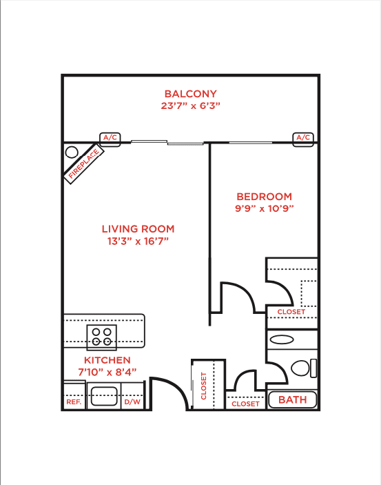 A floor plan of a home with a living room, kitchen, bathroom, and bedroom.