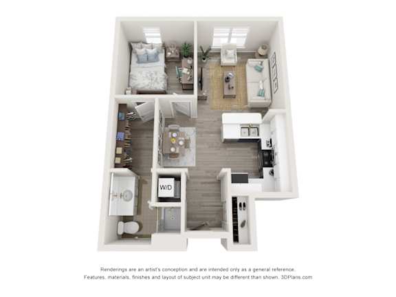 A 3D floor plan of a small apartment with a kitchen, living room, and bathroom.