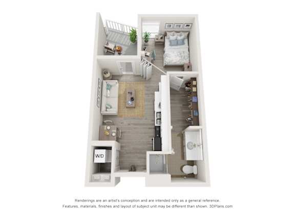 A 3D floor plan of a small apartment with a kitchen, living room, bedroom, and bathroom.