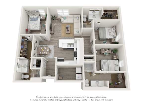 A 3D floor plan of a house with a kitchen, living room, and bedrooms.