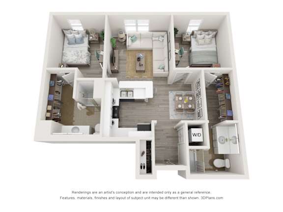 A 3D floor plan of a small apartment with a kitchen, living room, and bedrooms.