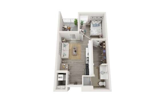 A top-down view of a small apartment with a bedroom, living room, and kitchen.