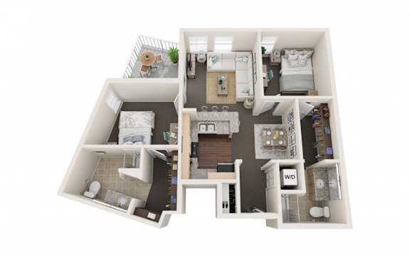 A 3D floor plan of a house with labeled rooms.