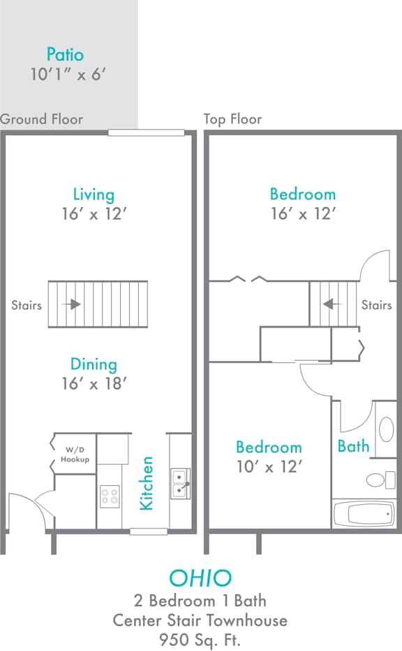 A floor plan of a two bedroom townhouse with a kitchen and bathroom.