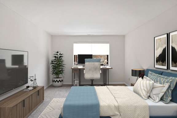 A modern bedroom with a large bed and a flat screen TV. at Indian Creek Apartments*, Ohio