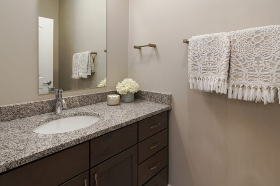 a bathroom with granite counter top and a sink and a mirror at Adelphi Quarter, Columbus, OH