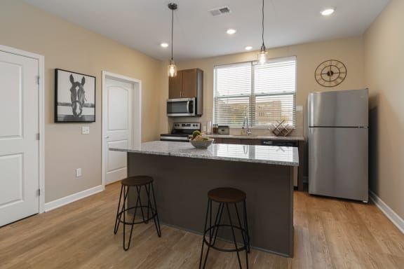 a kitchen with stainless steel appliances and a counter top at Adelphi Quarter, Ohio, 43203