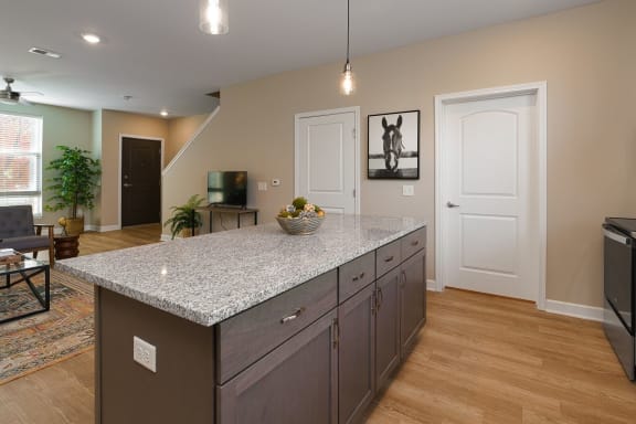 a kitchen with a granite counter top in the middle of a living room at Adelphi Quarter, Columbus