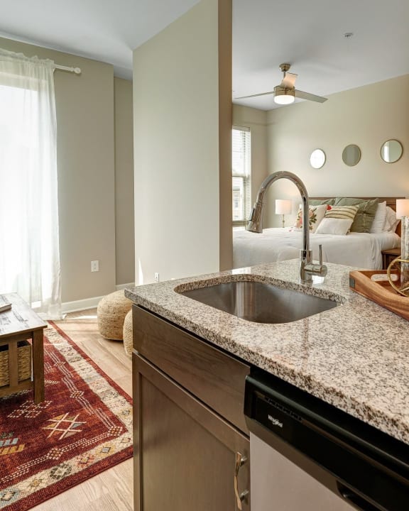 a kitchen with granite counter tops and a sink at Adelphi Quarter, Columbus, Ohio