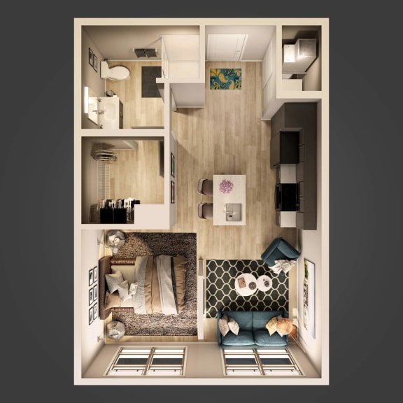 a 3d floor plan of a bedroom with a living room