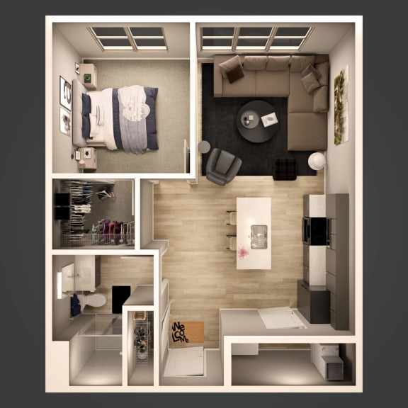 a 3d rendering of a bedroom and living room