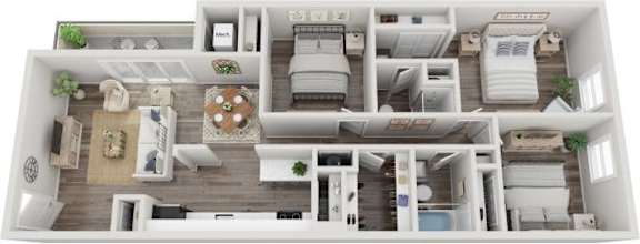 A 3D floor plan of a house with a living room, kitchen, dining room, and bedrooms.