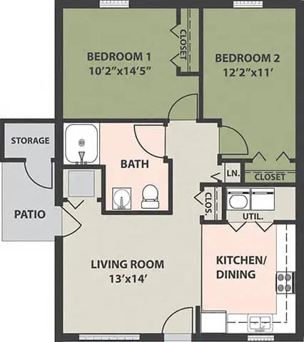 A floor plan of a home with two bedrooms, a living room, kitchen/dining area, bathroom, storage, and patio.
