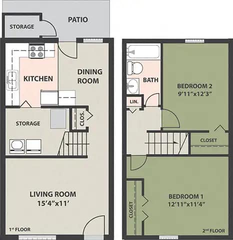 A floor plan of a two-bedroom apartment with a living room, kitchen, dining room, and bathroom.