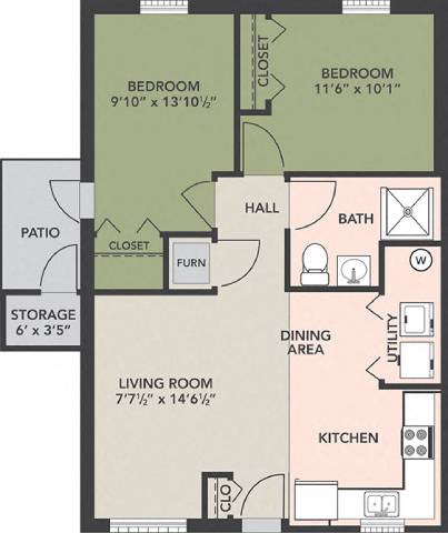 Floor Plan  A floor plan of a house with two bedrooms, a living room, a dining area, a kitchen, a bathroom, a closet, a pantry, a storage area, and a patio.